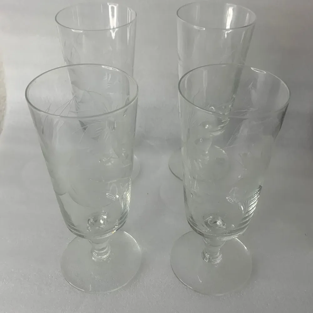 Glastonbury Lotus Toasting Drinking Bar4 Oz Set 4 Floral Etching Glass 5 1/2 In